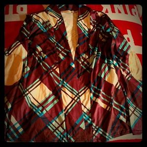 Burgundy tan and blue plaid cardigan